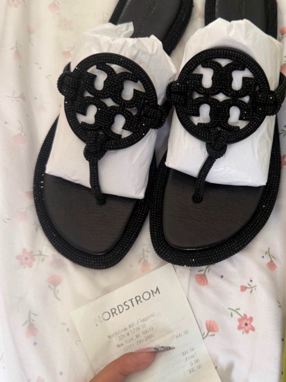Tory Burch Black Beaded Logo Thong Sandals